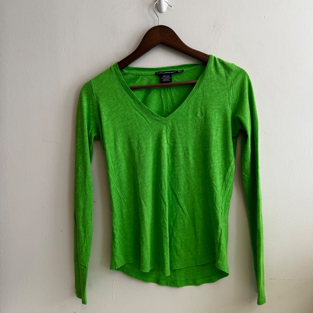 Ralph Lauren Sport Women's XS Green Long Sleeve V-Neck 100% Cotton Athleisure